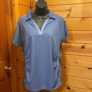 Antigua Blue and White Striped Performance Polo